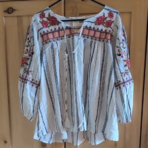 Savanna Jane White Embroidered Peasant Blouse with Pink & Green Floral Accents